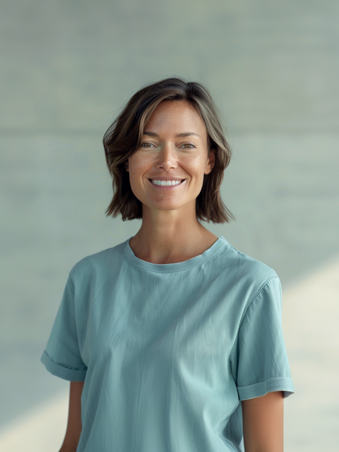 A woman with short brown hair smiles, wearing a light blue t-shirt, against a soft-focus neutral background.